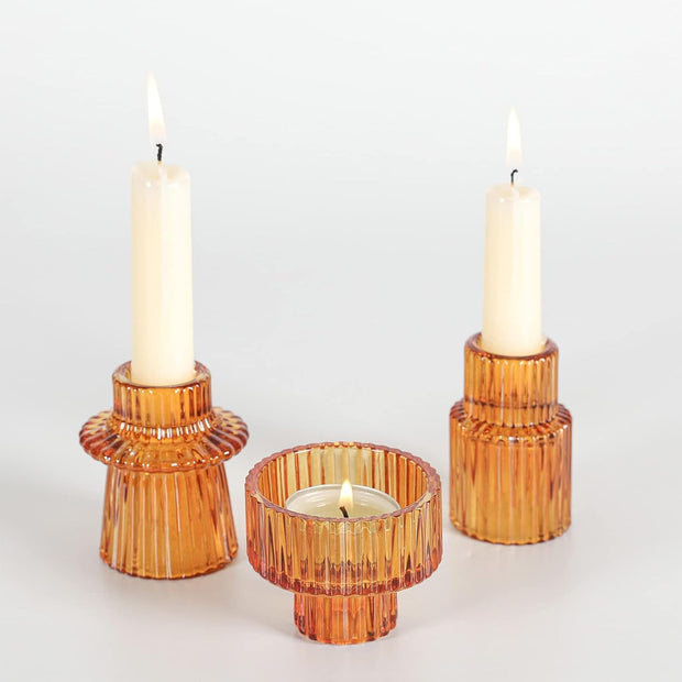 Ribbed Glass Candle Holder (Amber)