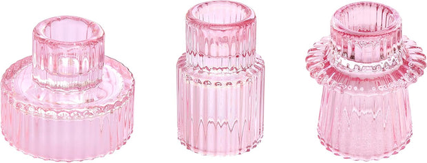 Ribbed Glass Candle Holder (Pink)